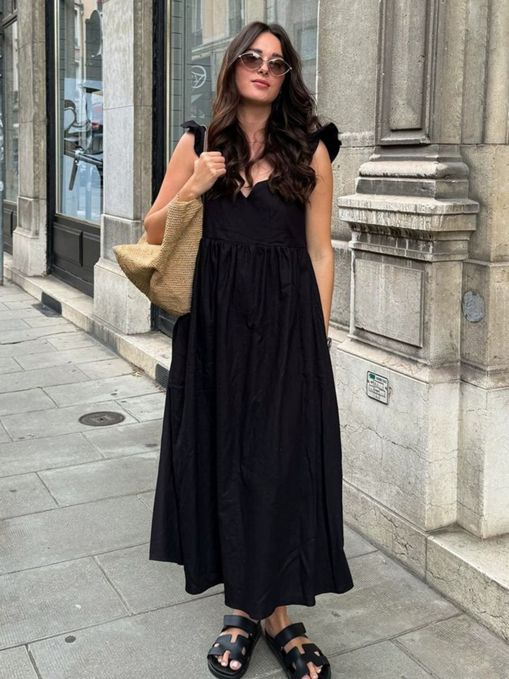 Forever 21 Loose Black Flutter Sleeve A-Line Maxi Dress Summer Cotton Office